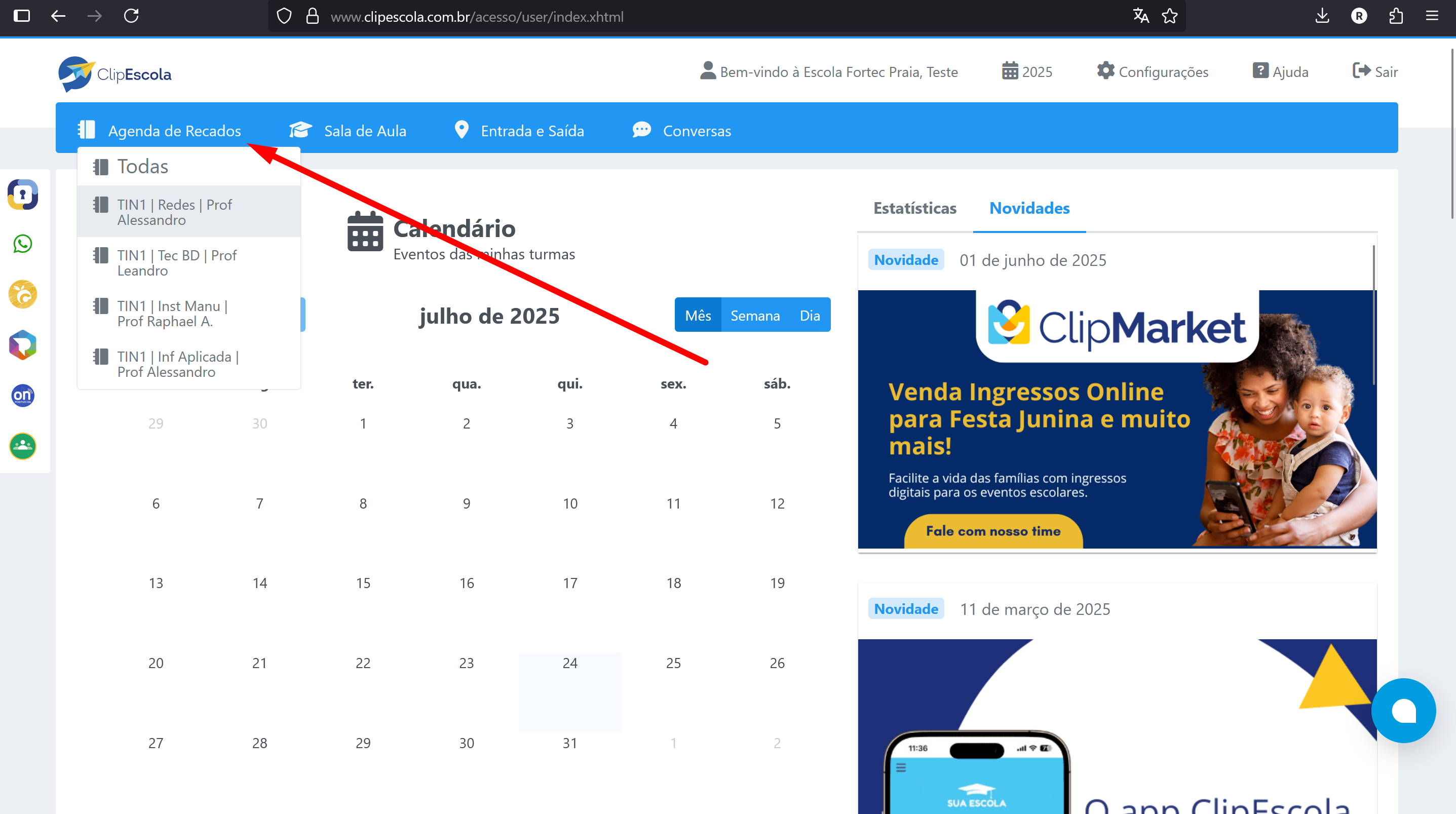 Botão Agenda de Recados Imagem do botão Agenda de Recados